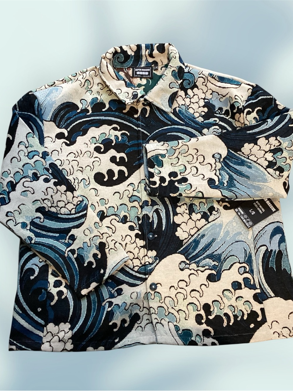 Super Massive Men’s Jacket Japanese Inspired Wave Print Woven Tapestry Blue L